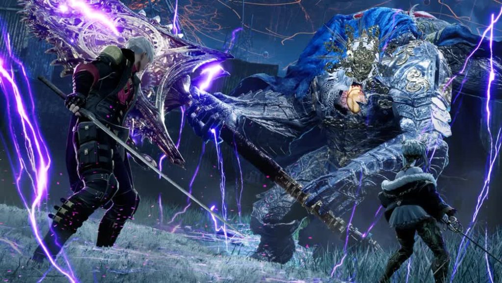 Two Armored Fighters Clash in a Stormy Battlefield Purple Energy Crackling Around a Colossal Ice blue Demon