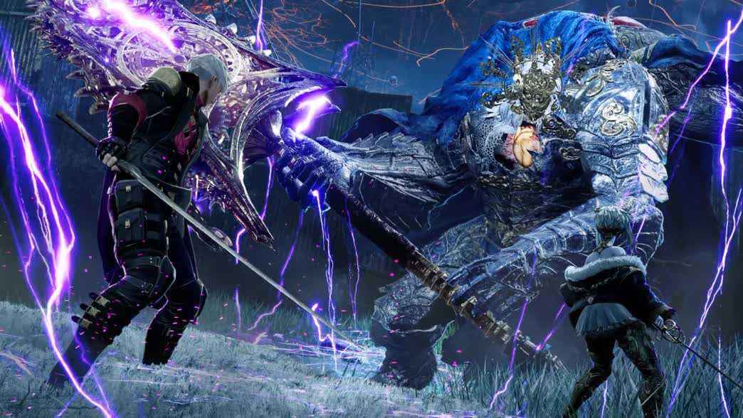 Two Armored Fighters Clash in a Stormy Battlefield Purple Energy Crackling Around a Colossal Ice blue Demon